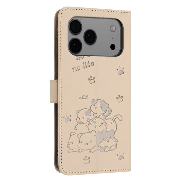 iPhone 18 Pro Max / iPhone 17 Pro Max Skal - läder med präglad katt och rem Beige