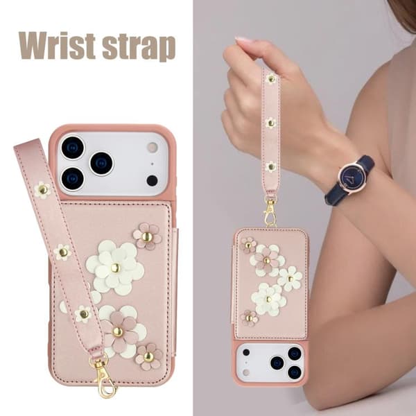 iPhone 18 Pro Max / iPhone 17 Pro Max Skal läderfodral med blommönster Roséguld