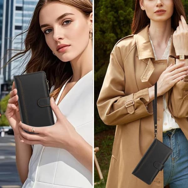 iPhone 18 Pro Max / iPhone 17 Pro Max Skal - Läder med Magnetstängning, 9 Kortfack och Handrem Svart