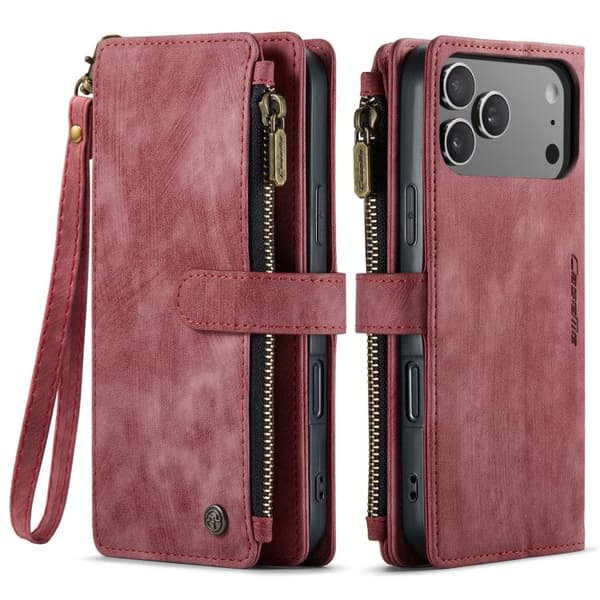 iPhone 18 Pro Max / iPhone 17 Pro Max Skal Läderfodral med Kortfack och Dragkedja Röd