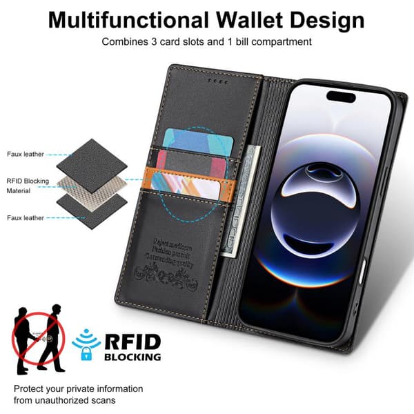 iPhone 18 Pro Max / iPhone 17 Pro Max Skal läderfodral N.BEKUS P3 RFID med magnetisk flip Svart