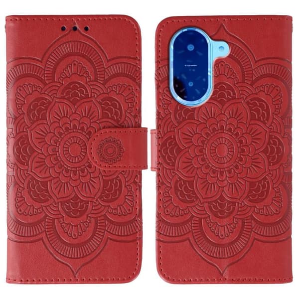 Redmi A5 4G - Sol Mandala Prägling Mönster Läderfodral Röd