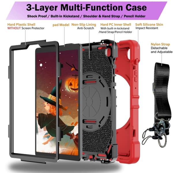 Samsung Galaxy Tab A7 Lite Bat Hand Grip Turntable Ställ Röd Svart