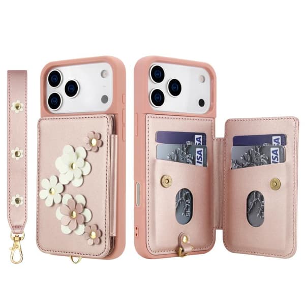 iPhone 17 Pro Skal Läderfodral med Blommönster Roséguld