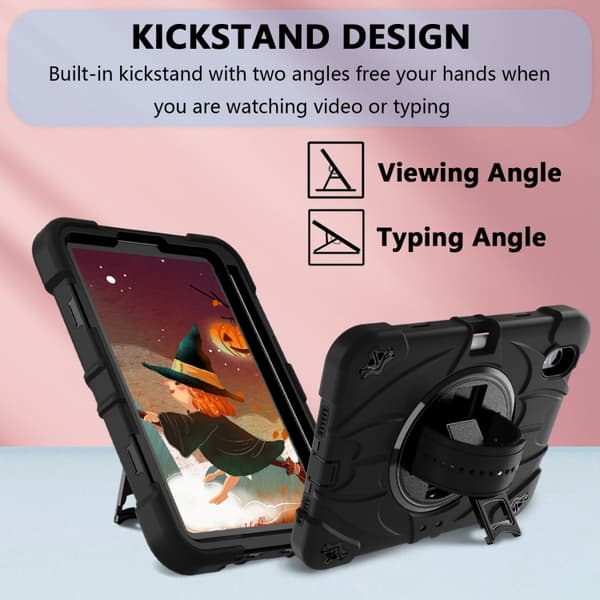 iPad mini 6 / mini 2024 Bat Hand Grip Turntable Skal - Läderfodral Svart