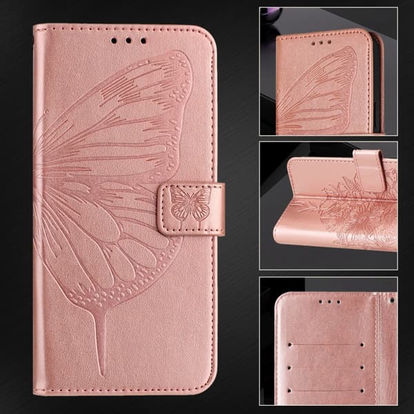 iPhone 16 Pro Max Embossed Butterfly Fodral - Elegant Skal Läder med Utsökt Design Roséguld