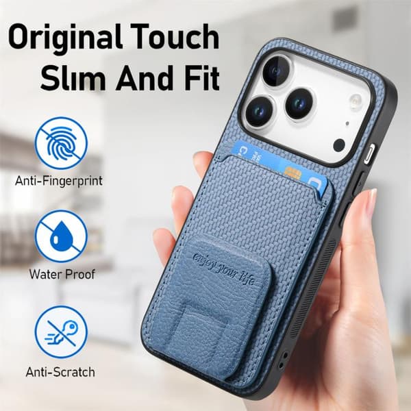 iPhone 18 Pro Max / iPhone 17 Pro Max Skal - Kolfiber med Kortficka och Fällbart Ställ Blå