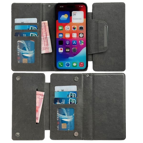 iPhone 16 Pro Multifunktionell 7-Korts Skal Läder Fodral Grå