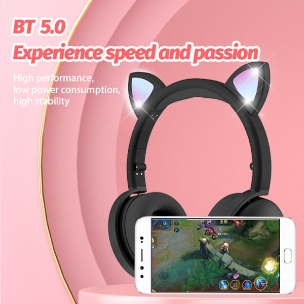 BK9 HiFi 7.1 Surroundljud Kattklo Ljusstark Kattöra Bluetooth Gaming Headset med Mikrofon Svart