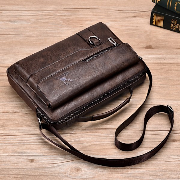 WEIXIER Herr Axelväska Retro Läder Laptop Business Casual Väska Horisontell mörkbrun