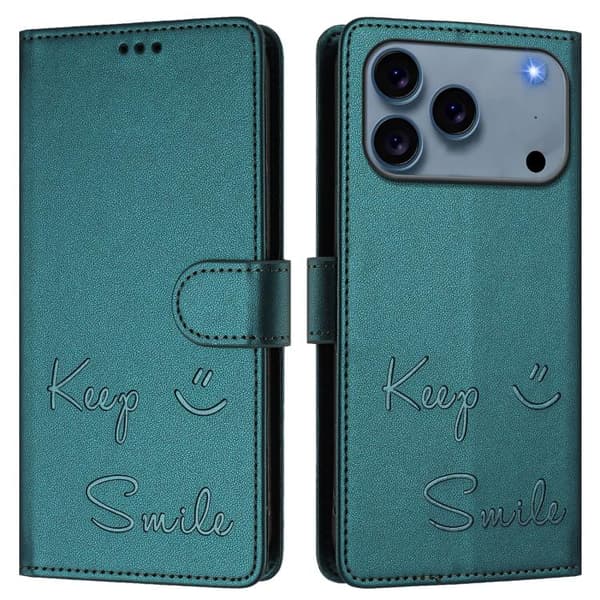 iPhone 18 Pro / iPhone 17 Pro Skal läderfodral med Smile Embossing och RFID Påfågelgrön