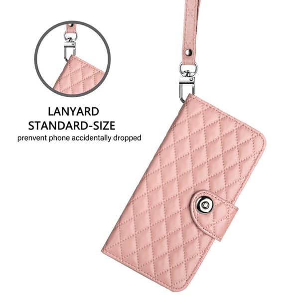 iPhone 18 Pro Max / iPhone 17 Pro Max Skal läderfodral med rhombisk textur och lanyard Korallrosa
