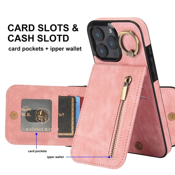 iPhone 16 Pro Max Retro Ring och Zipper RFID Kortfack Skal Rosa