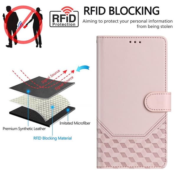 Redmi Note 14 4G - EU-version, RFID-läderfodral med honungskombination och präglad yta, Rosa