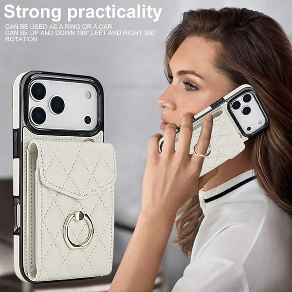 iPhone 18 Pro / iPhone 17 Pro Skal med Rhombisk Textur och Lång Rem Vit