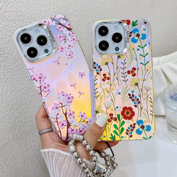 iPhone 16 Pro Max Skal med Elektroplätering och Laserblomma samt Handledsrem Persikoblomma AH4