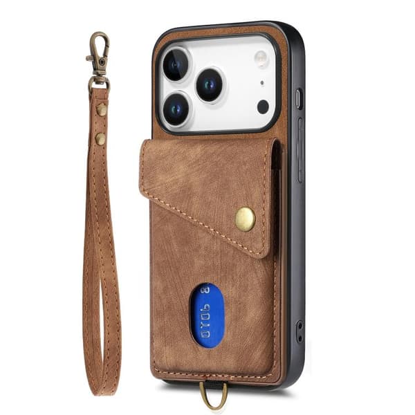 iPhone 18 Pro Max / iPhone 17 Pro Max Skal läderfodral med retro kortficka och rem Brun