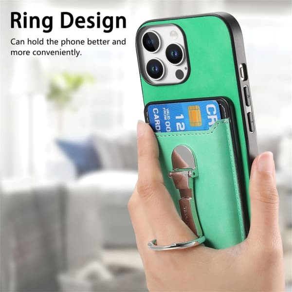 iPhone 16 Pro Retro Fällbar Ringhållare Kortväska MagSafe Skal Grön