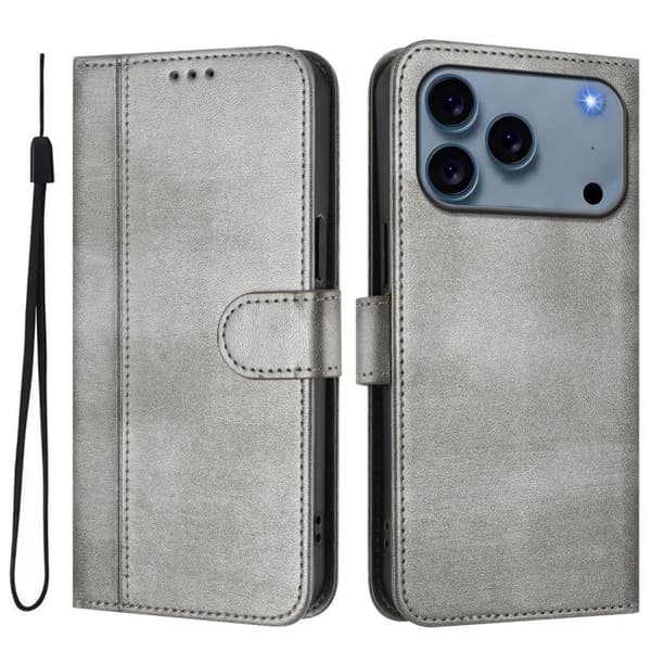 iPhone 18 Pro / iPhone 17 Pro Skal Läderfodral med Retro Linjefog Grå