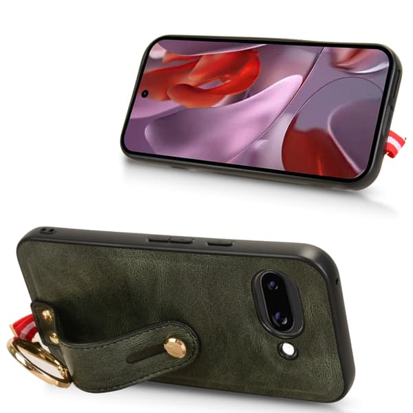 för Pixel 9a Skal i Läder med Handledsrem Grön