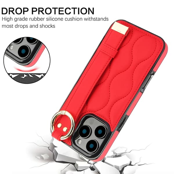 iPhone 16 Pro Skal med Handledsrem - Non-slip Full Coverage PU Skydd Röd