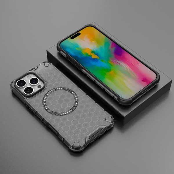 iPhone 16 Pro Honeycomb Magnetisk Ring Stötsäker Skal Svart