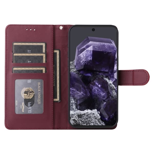 för Pixel 9 Pro Skal i Diamantmönstrad Läder Flip Design Vinrött