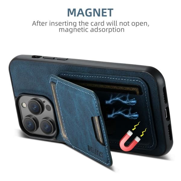 iPhone 17 Skal - Litchi-läder med kortfack och ställfunktion Blå