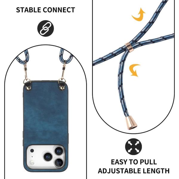 iPhone 18 Pro / iPhone 17 Pro Vintage Läder PC Bakskydd med Crossbody Rem Blå