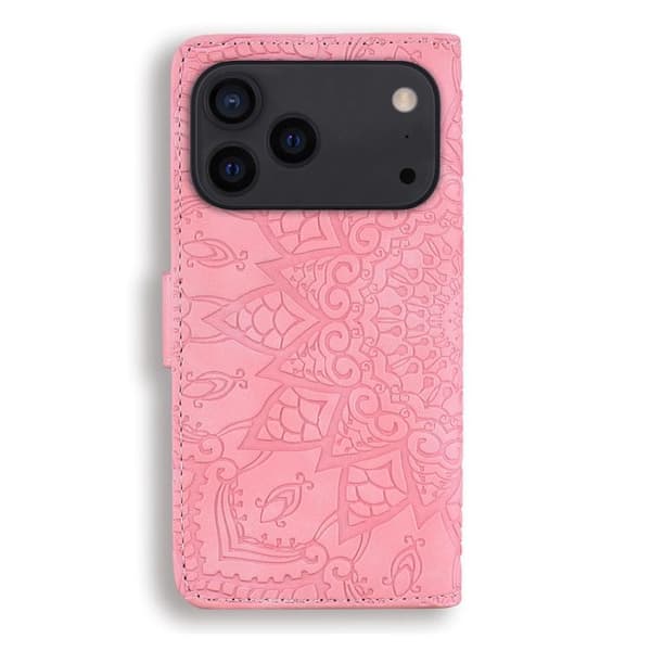 iPhone 18 Pro / iPhone 17 Pro Skal läderfodral med mandala präglad design - dubbelvik Rosa