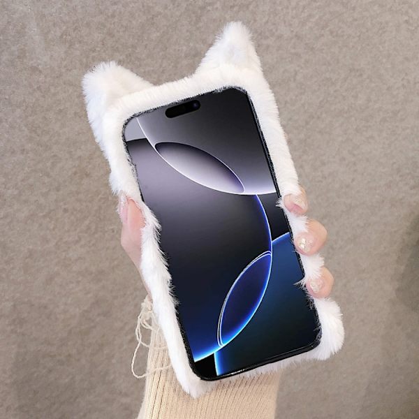 iPhone 16 Pro 3D Söt Katt Plush Full Coverage Skal Vit