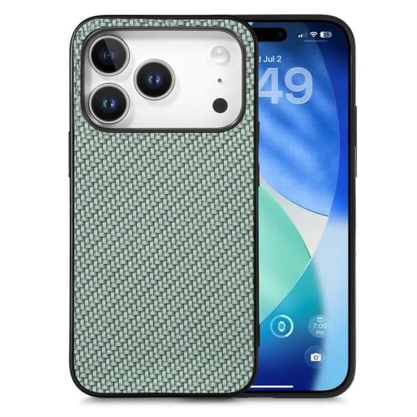 iPhone 18 Pro Max / iPhone 17 Pro Max Skal - kolfibertextur och läder Grön