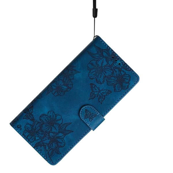 iPhone 18 Pro Max / iPhone 17 Pro Max Skal med Embossed PU och Körsbärsblomma Fjärilsmönster Blå