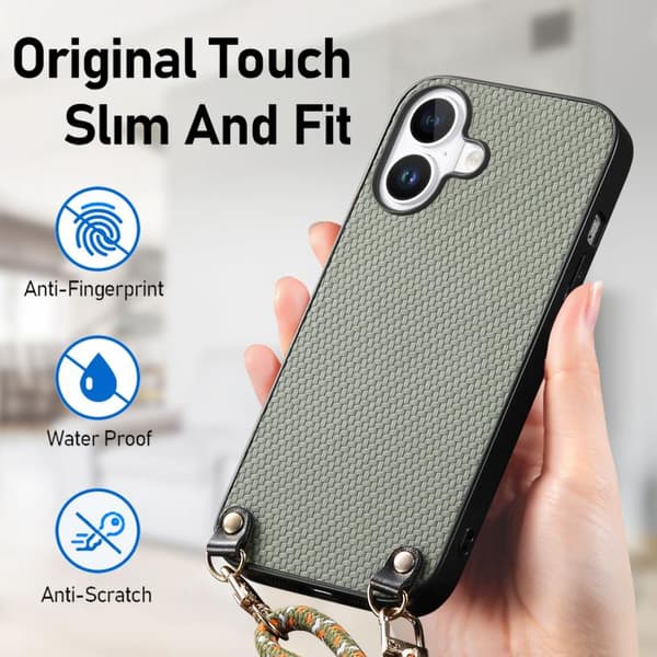 iPhone 17 Skal - kolfibertextur med axelrem Grön