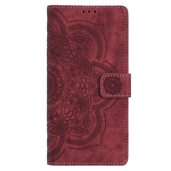 iPhone 18 Pro Max / iPhone 17 Pro Max Skal Läderfodral med Mandala Prägling - Retro Frostad Design Röd