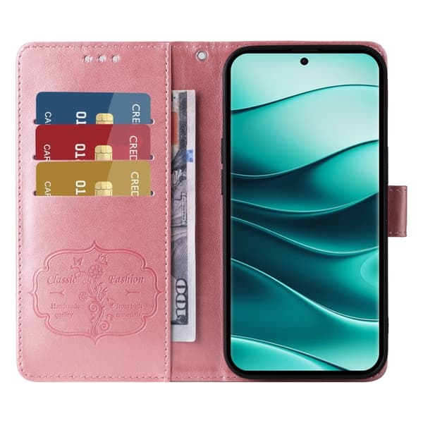 Redmi Note 14 Pro 5G / Note 14 Pro+ 5G - Prägad Fjäril Blommor Läder fodral Roséguld