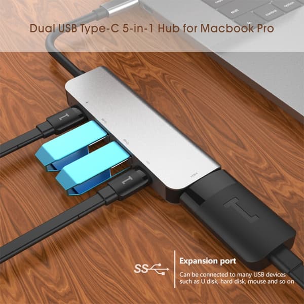 5-i-1 USB-C Hub Adapter med HDMI, 2 USB-portar och 2 PD-laddningsportar