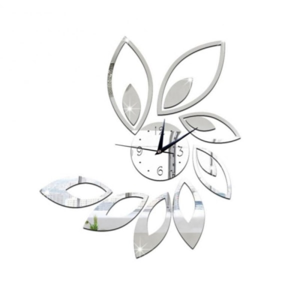 Blomsterkonst Modern Design DIY Avtagbar 3D Kristallspegel Väggklocka Väggdekal Vardagsrum Sovrumsdekor (Silver)