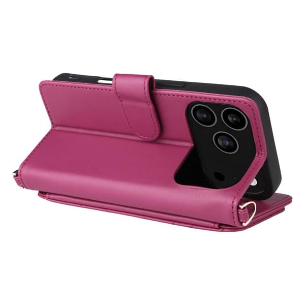 iPhone 18 Pro Max / iPhone 17 Pro Max Skal Läderfodral med Multifunktionella 6-Kortsplatser och Handledsrem Rosröd