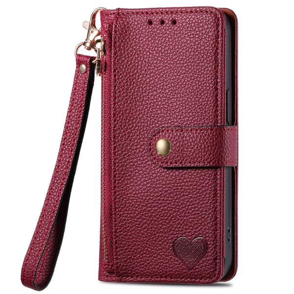 iPhone 17 Skal Läderfodral med Kärlek Zipper Lanyard Röd