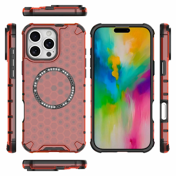 iPhone 16 Pro Honeycomb Magnetisk Ring Stötsäker Skal Röd