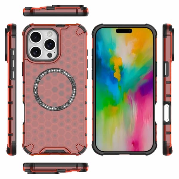 iPhone 16 Pro Max Honeycomb Magnetisk Ring Stötsäker Skal Röd