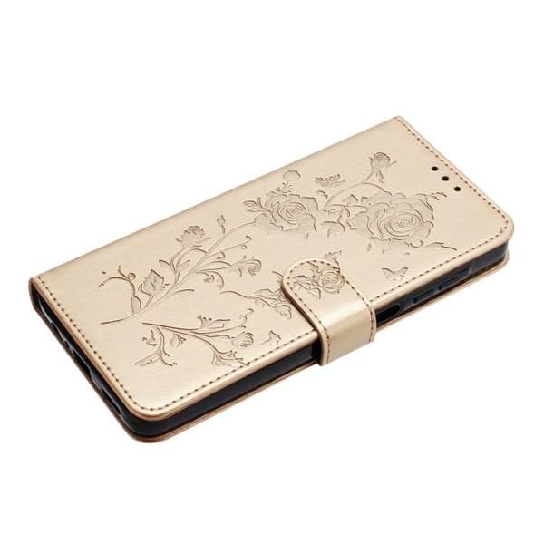 iPhone 18 Pro Max / iPhone 17 Pro Max Skal läderfodral med rosblomma präglad mönster Guld