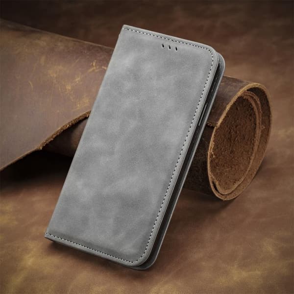 iPhone 17 Pro Skal läderfodral med retro känsla och magnetisk flip Grå