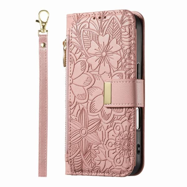 iPhone 17 Skal läderfodral med blommor och löv samt rem Rosa