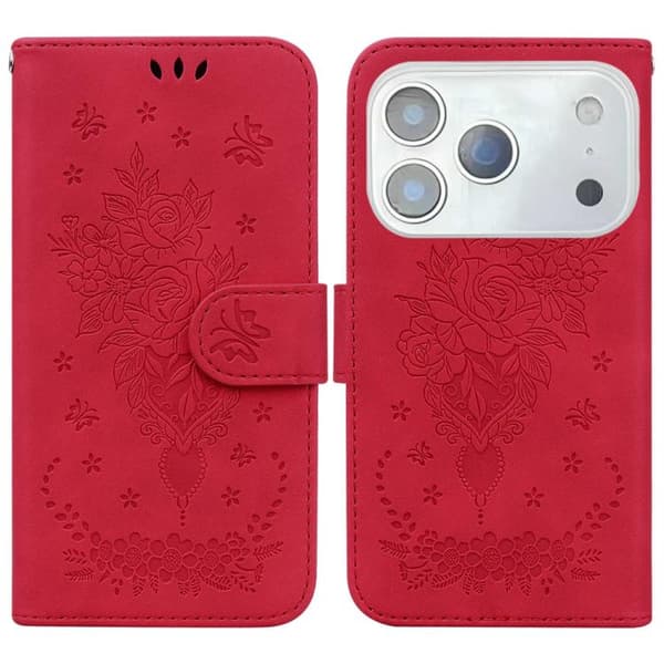 iPhone 18 Pro / iPhone 17 Pro Skal Läderfodral med Embossed Butterfly Rose Röd