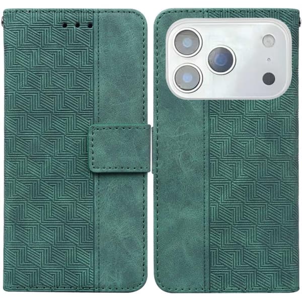 iPhone 18 Pro / iPhone 17 Pro Geometriskt Präglat Skal Läderfodral Grön