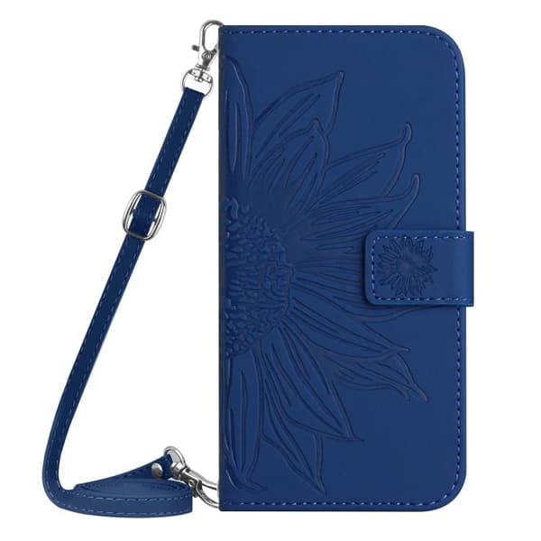 iPhone 18 Pro / iPhone 17 Pro Skal läderfodral med solrosprägling och lanyard Mörkblå