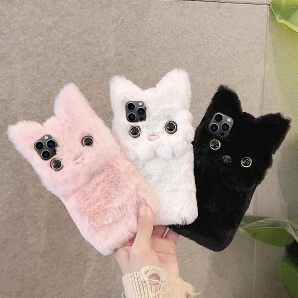 iPhone 16 Pro 3D Söt Katt Plush Full Coverage Skal Vit