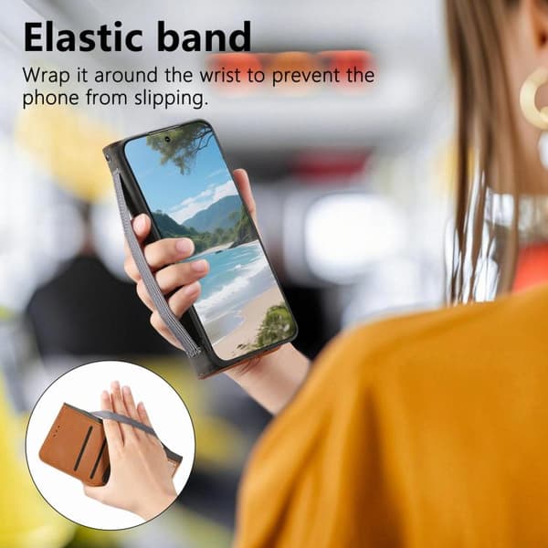 iPhone 18 Pro Max / iPhone 17 Pro Max Skal Läderfodral med Elastisk Handledsrem och Magnetisk Sugkraft Brun